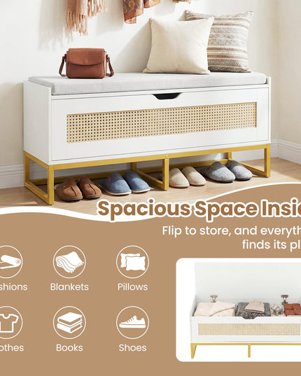 Giantex Rattan Shoe Bench with Metal Legs for Bedroom