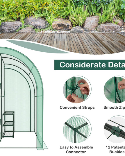 Giantex Walk-in Lean-to Greenhouse - with 3-Tier Plant Stand, 7’x 3.5’x 7’ Green House, PE Grid Cover