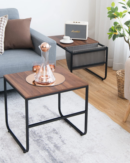 Nesting Coffee Table Set of 2, Stackable Side Table w/Side Pocket