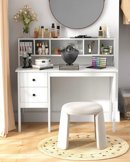 Giantex White Desk with Drawers and Power Outlet, 48" Home Office Computer Desk with 5-Cubby Hutch