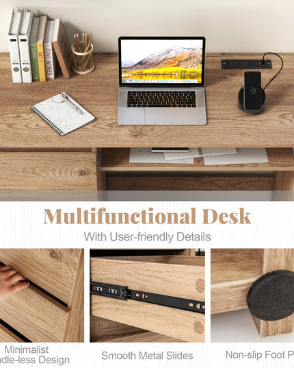 Giantex Computer Desk with Power Outlet, Modern Office Desk with Keyboard Tray & 3 Large Drawers