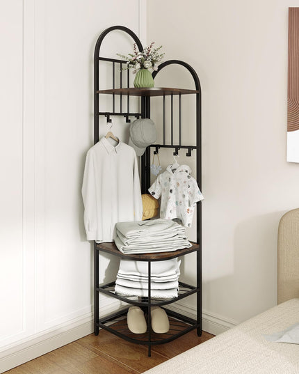 Giantex Corner Hall Tree, 71" Corner Coat Rack w/Shoe Storage Bench, 6 Removable Hooks, 4-Tier Entryway Shoes Shelf Organizer