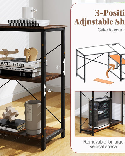 Giantex 47 Inch Reversible Computer Desk with Adjustable Storage Shelves & Metal Frame