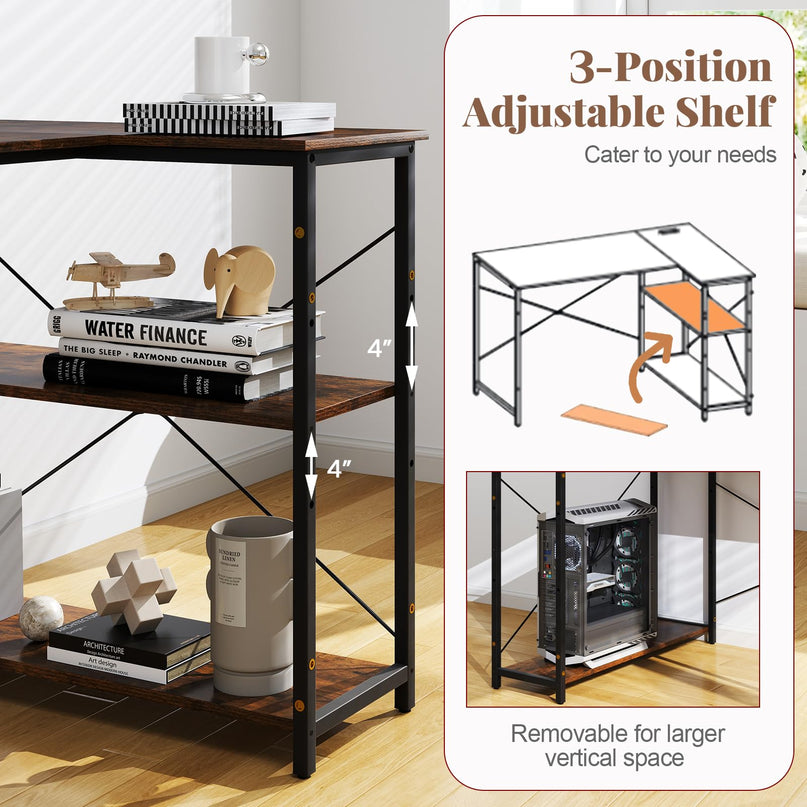Giantex 47 Inch Reversible Computer Desk with Adjustable Storage Shelves & Metal Frame