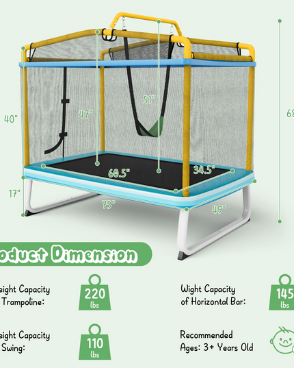Giantex 6Ft Kids Trampoline with Swing and Horizontal Bar