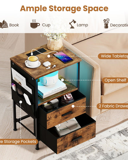 Table de chevet Giantex avec station de recharge | Table d'appoint de canapé à LED avec 2 tiroirs en tissu pliable