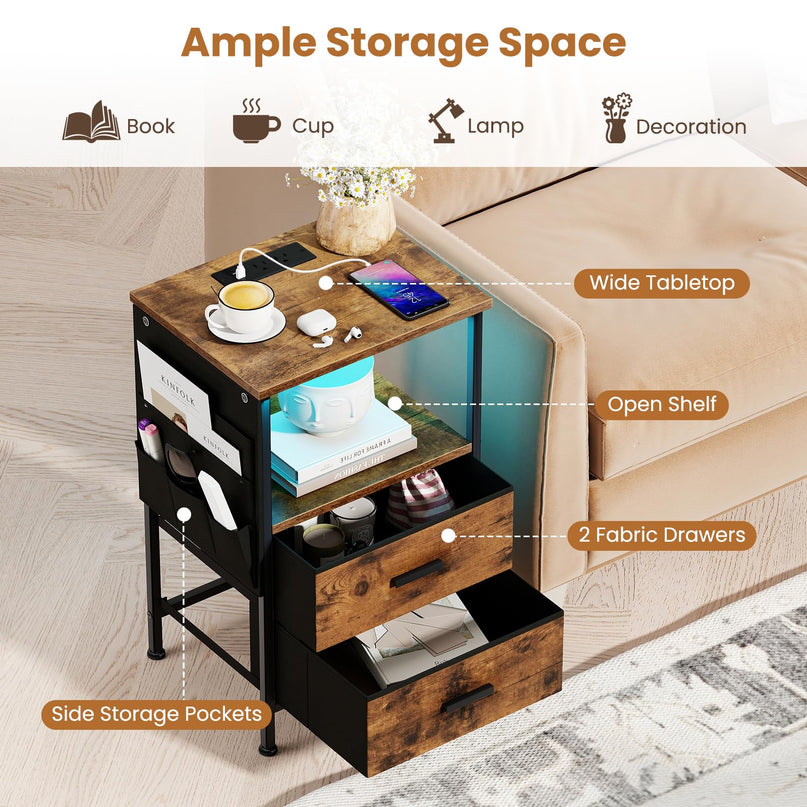 Table de chevet Giantex avec station de recharge | Table d'appoint de canapé à LED avec 2 tiroirs en tissu pliable