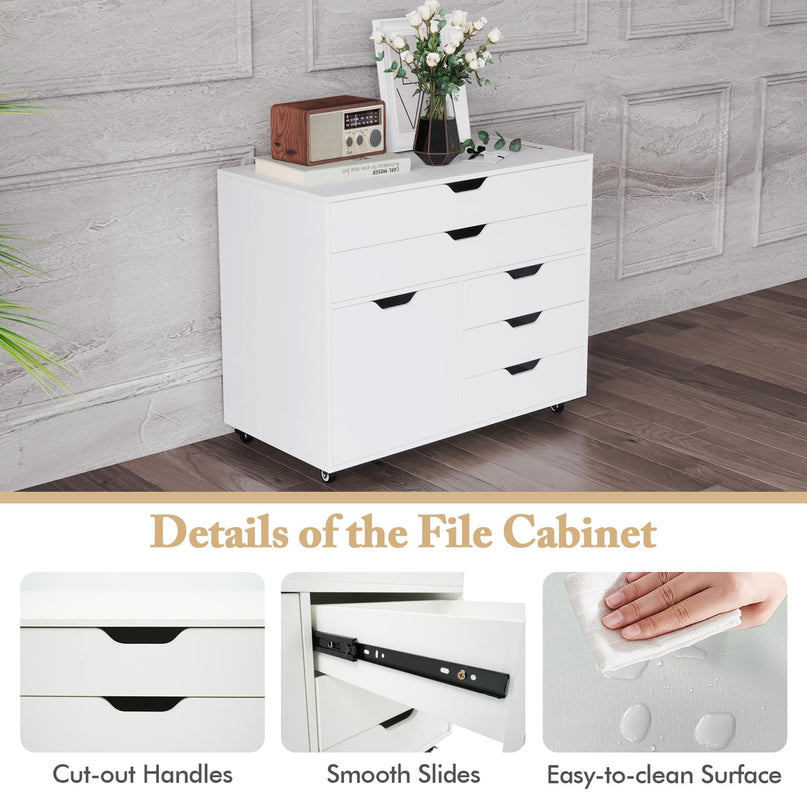 Giantex File Cabinet, Rolling Lateral Filing Cabinet with 2 Large Drawers, 3 Small Drawers