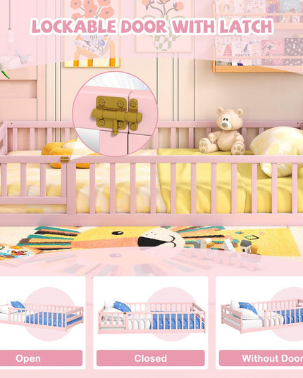 Giantex  Floor Bed with Door & Fence Kids Wood Montessori Bed