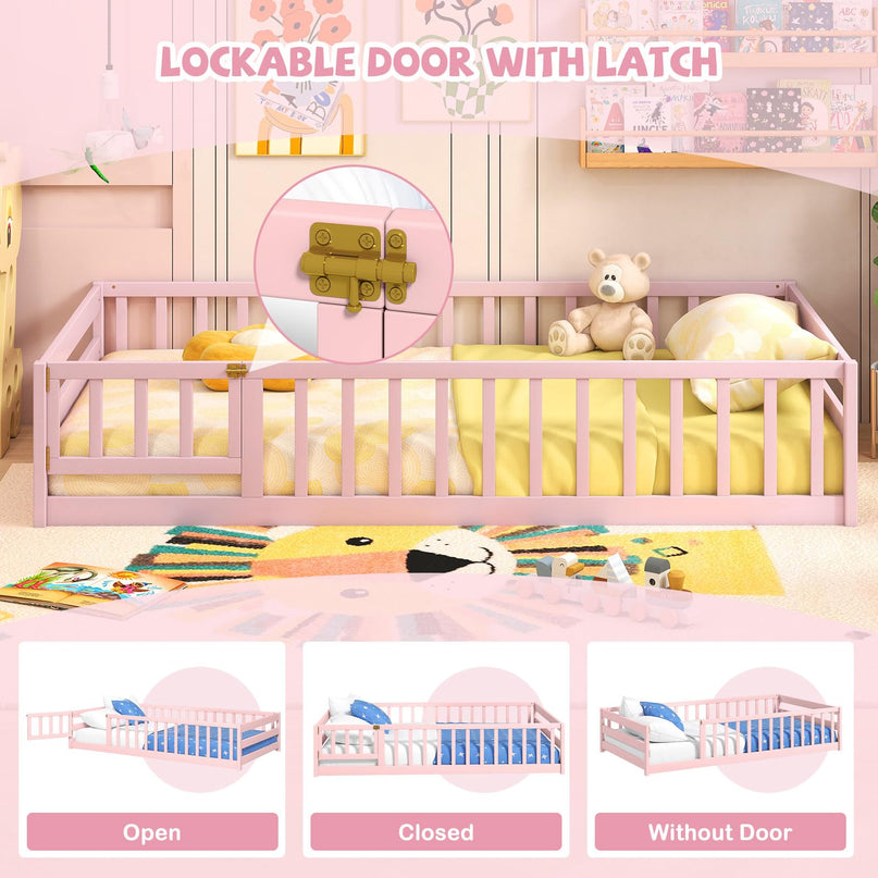 Giantex  Floor Bed with Door & Fence Kids Wood Montessori Bed