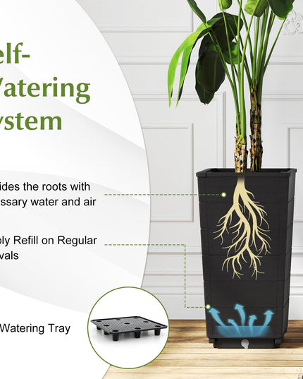 Giantex Set of 2 Outdoor Flower Pot, 23" Tall Planters with Drainage Hole, Self-Watering Tray