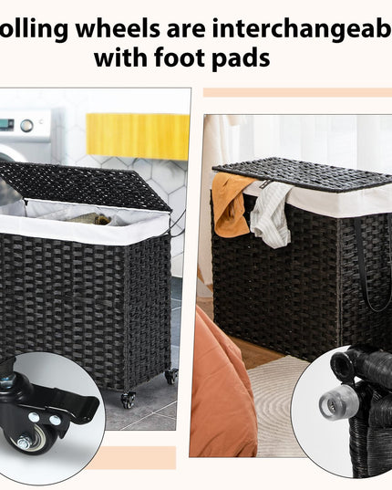 Panier à linge Giantex avec roulettes, panier à 3 sections de 125 L avec 2 sacs de doublure amovibles