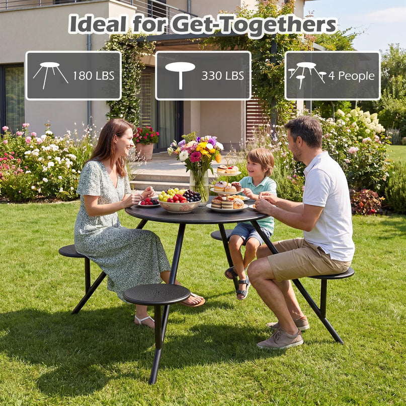 Giantex Round Picnic Table Set with 4 Built-in Seats and 1.77" Umbrella Hole