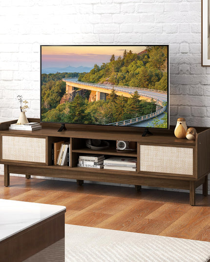 Giantex TV Stand for 65” TV, Entertainment Center with Woven Doors, Sliding Door, Adjustable Shelf & Compartment