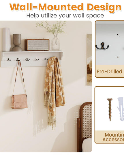 Porte-manteau mural Giantex avec étagère 80cm en bois, 6 patères pour chapeaux, serviettes, sacs à main et peignoirs