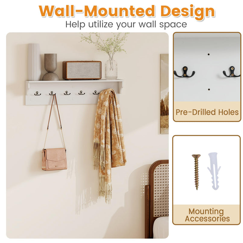 Giantex Wall Hooks with Shelf 31.5inch Wooden Coat Rack with 6 Hooks for Hats Towels Purses Robes
