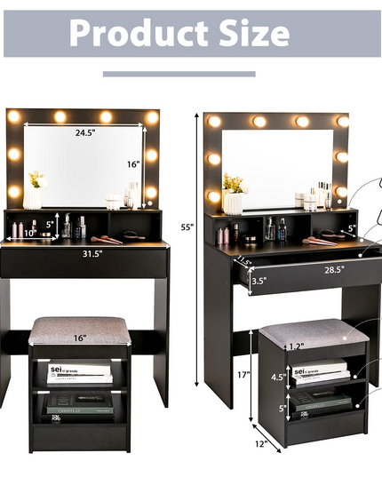 CHARMAID Vanity Table Set with Lighted Mirror, 8 Bulbs, Large Drawer