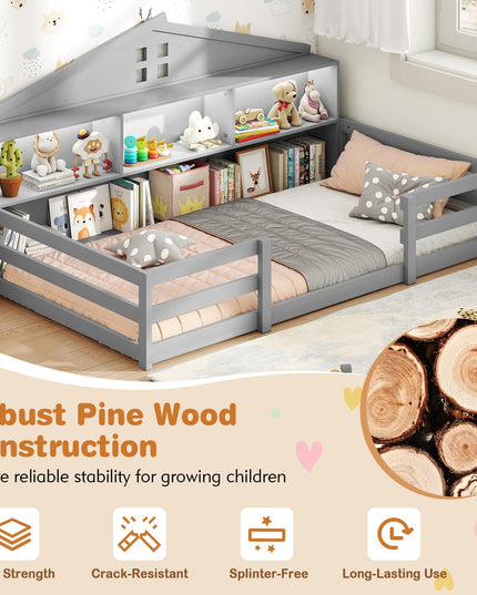 Giantex Twin/Full Size Montessori Wooden Floor Bed with LED Lights