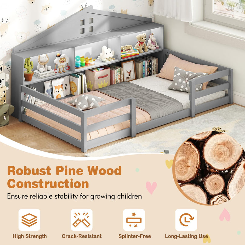 Giantex Twin/Full Size Montessori Wooden Floor Bed with LED Lights