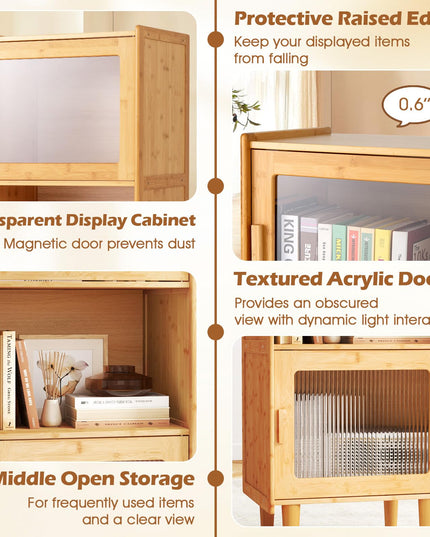 Giantex Bamboo Storage Cabinet, 3-Cube Bookcase, Freestanding Liquor Display Sideboard with 2 Single Doors