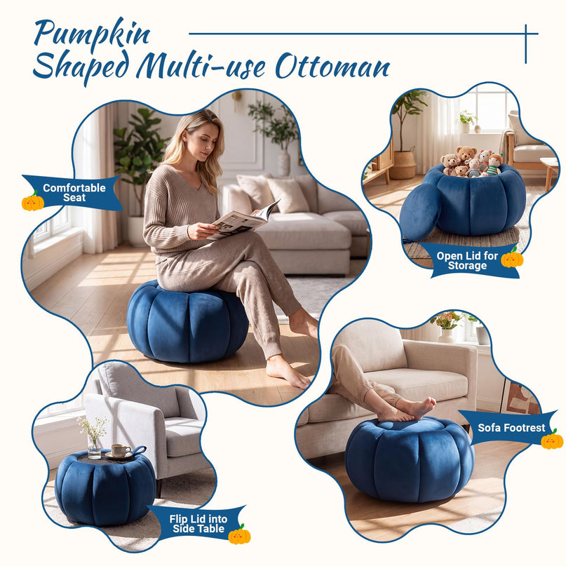 GIANTEX Pumpkin Shaped Round Ottoman Coffee Table with Storage & Removable Lid