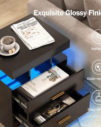 Giantex LED Nightstand, Modern Black Bedside Tables with 2 Storage Drawers