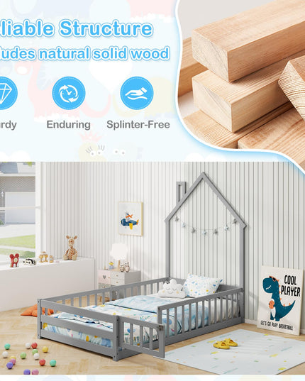 Giantex Twin Floor Bed, House-Shaped Montessori Bed Frame with Headboard, Full-Length Guardrail