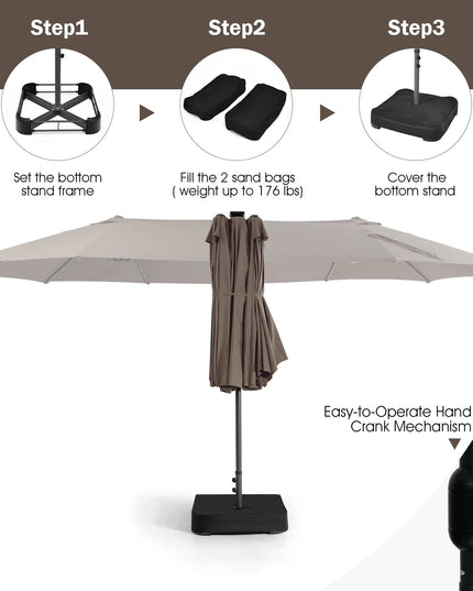 15ft Large Outdoor Umbrella Double-Sided, 48 Solar Lights, Auto-Charging Solar Panel