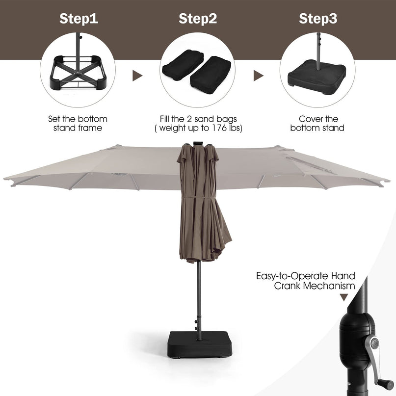 15ft Large Outdoor Umbrella Double-Sided, 48 Solar Lights, Auto-Charging Solar Panel