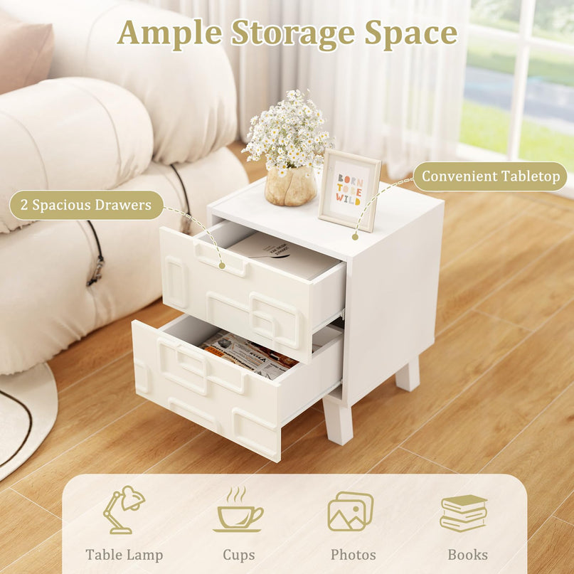 Giantex 2-Drawer Bedside Table with 3D Geometric Patterns for Small Space