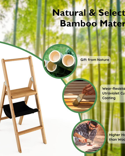 100% Bamboo Folding Step Stool with Handrail | 3 Step Ladder