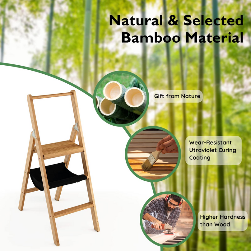 100% Bamboo Folding Step Stool with Handrail | 3 Step Ladder