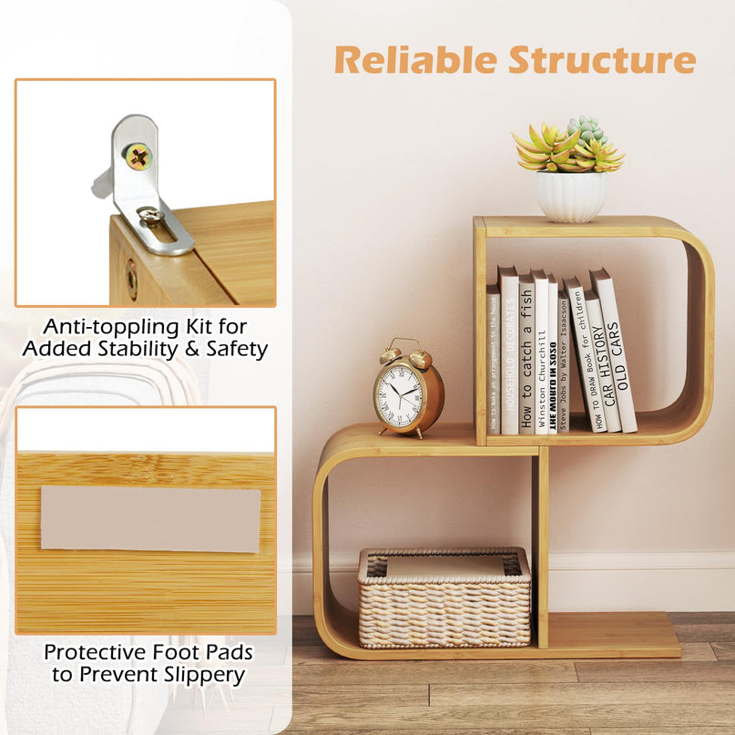 Giantex S-Shaped Bookcase, 2-Tier Bamboo Bookshelf with 2 Open Cubes, Geometric Corner Display Shelf
