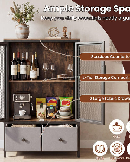 Giantex Industrial Coffee Bar Cabinet with Adjustable Shelves & 2 Removable Cloth Drawers