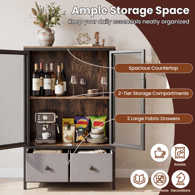 Giantex Industrial Coffee Bar Cabinet with Adjustable Shelves & 2 Removable Cloth Drawers