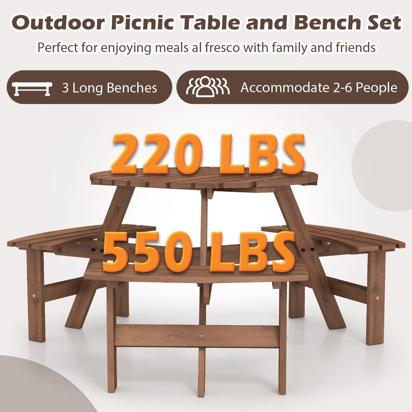 Giantex 6-Person Round Picnic Table Set with 3 Benches 550 LBS Bench Capacity