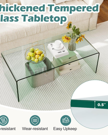 Giantex Glass Coffee Table with Tempered Glass Top & Round Edges