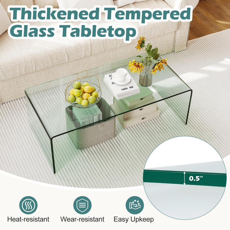 Giantex Glass Coffee Table with Tempered Glass Top & Round Edges