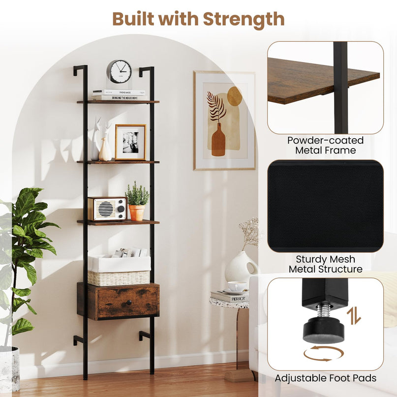 Giantex 5 Tier Ladder Bookcase with Drawer for Living Room