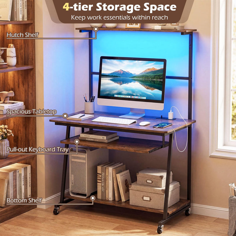 Giantex 31.5" Small Computer Desk with Charging Station & LED Lights