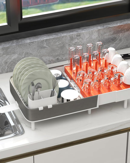 Giantex Expandable Dish Drying Rack - Adjustable Dual-Part Dish Drainer with Detachable Utensil Holder