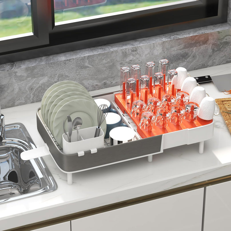 Giantex Expandable Dish Drying Rack - Adjustable Dual-Part Dish Drainer with Detachable Utensil Holder