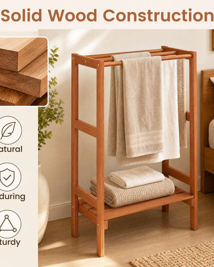 3-Bar Wood Towel Rack Freestanding with Bottom Storage Shelf