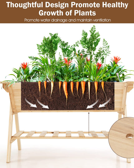 Giantex Plant Raised Bed 2 Tiers Garden Bed, Outdoor Fir Wood Plant Container with Storage Shelf