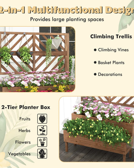 Giantex Raised Garden Bed with Trellis, 2-Tier Wooden Planter Box with Legs and Drain Holes (Brown)
