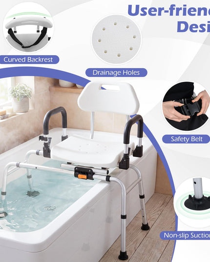 Giantex Sliding Shower Chair with Swivel Seat Flip-Up Padded Armrests & Safety Belt for Seniors