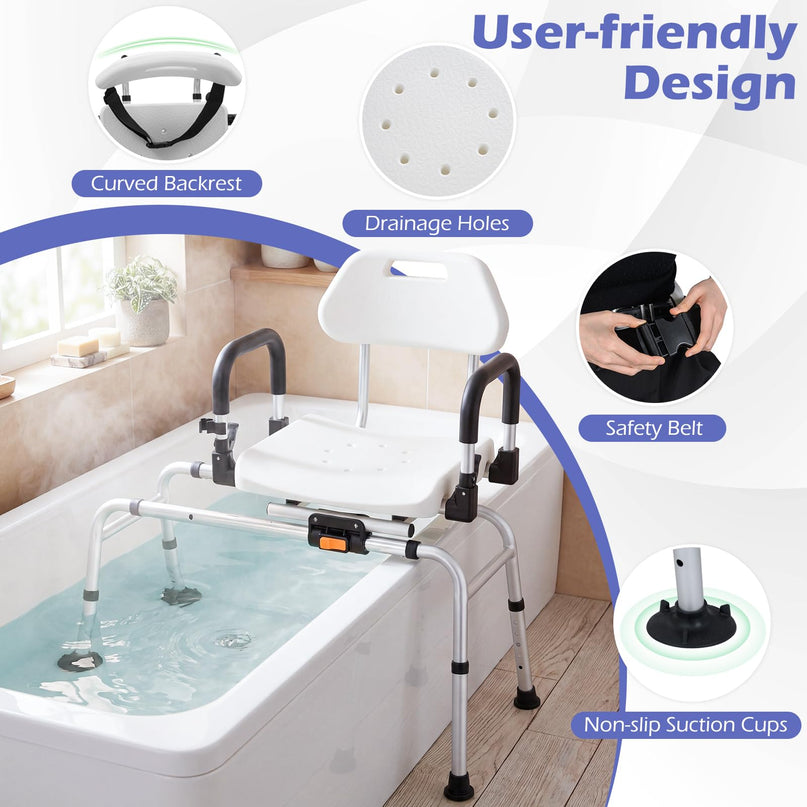Chaise de Douche Coulissante Giantex avec Siège Pivotant, Accoudoirs Rembourrés Relevables et Ceinture de Sécurité pour Personnes Âgées
