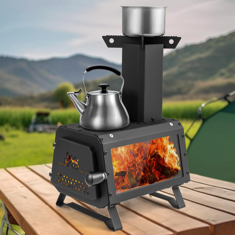 Giantex Portable Camping Wood Stove - Mini Wood Burning Stove w/ 2 Cooking Positions