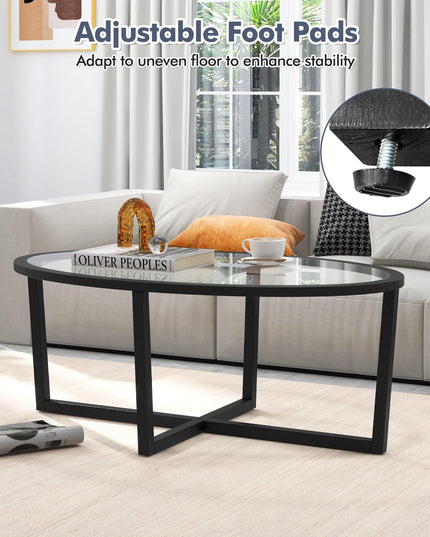 Giantex Glass Coffee Table, 46.5" Oval Accent Sofa Tea Table with Tempered Glass Top, Cross Base & Acacia Wood Legs