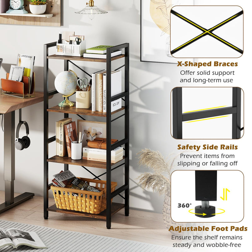 4-Tier Narrow Freestanding Display Shelf with Metal Frame & Wooden Storage Racks (1/2)